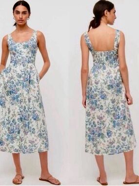 J. Crew Blue and White Floral Square-Neck Midi Dress